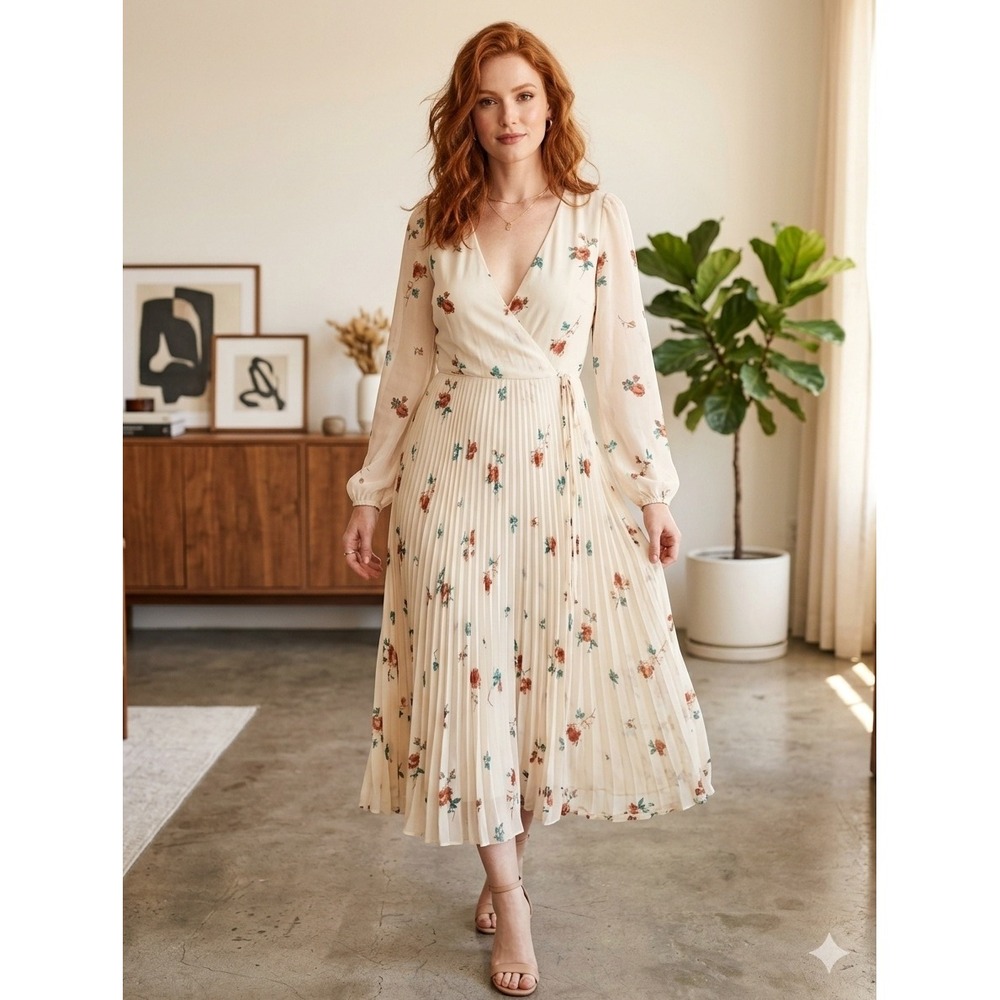 Wilfred Womens Arles Dress M Cream Floral Pleated Midi Wrap V-Neck Chiffon